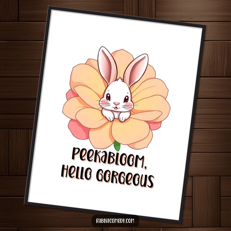 Funny free printable wall art featuring a rabbit peeking playfully from a large, vividly colored flower, adding charm to any room.