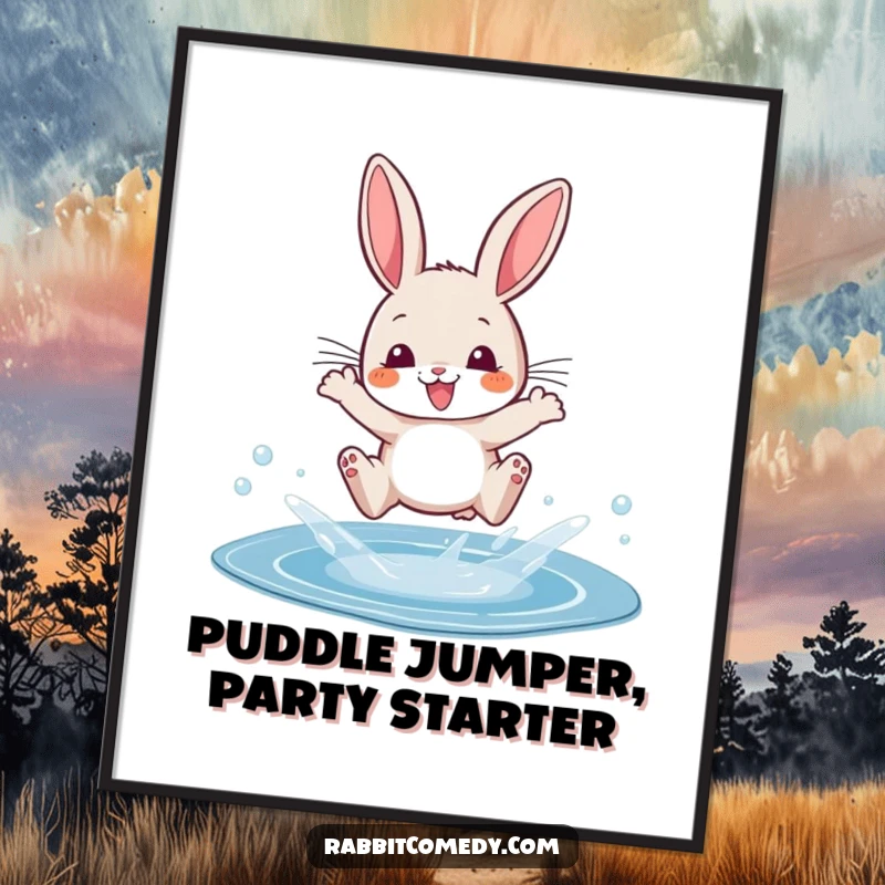 Funny Free Printable Wall Art of a rabbit dramatically leaping over a sparkling puddle with a happy splash.