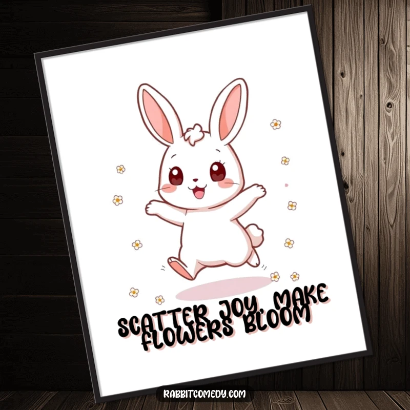 Funny Free Printable Wall Art: An animated rabbit character excitedly jumps, showering the area with tiny, colorful, scattered flowers.