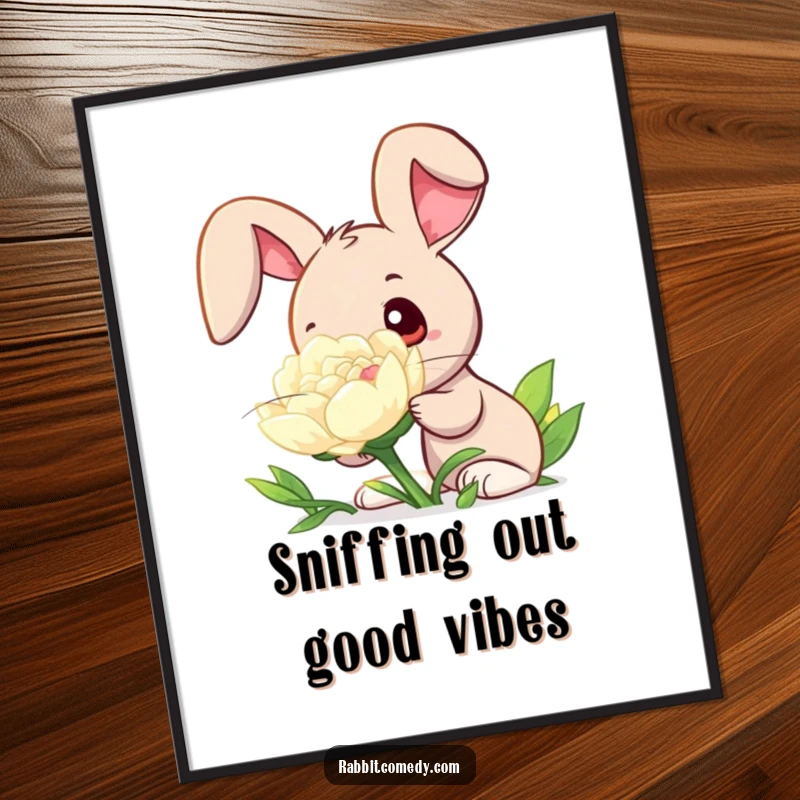 Free Printable Wall Art: A rabbit character is curiously sniffing a giant, dew-kissed clover with wide eyes, showcasing gentle nature.