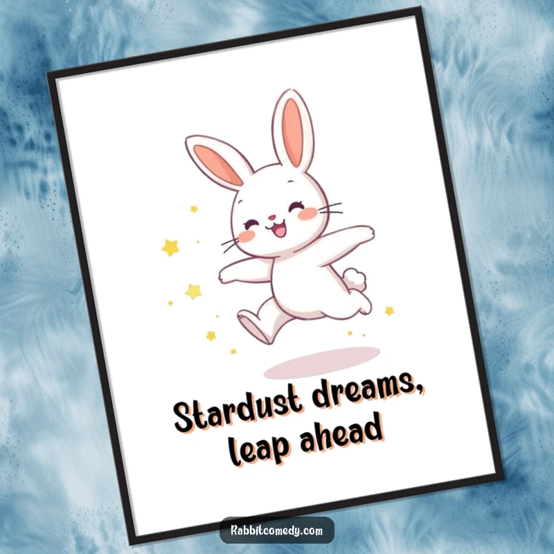 Funny Free Printable Wall Art: A rabbit in a joyful, energetic leap, leaving a vibrant trail of shimmering star dust.