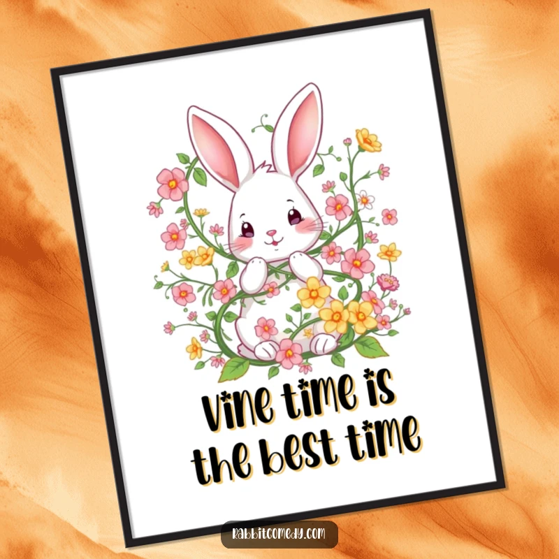 Funny Free Printable Wall Art: A bunny is adorably caught in a vibrant floral vine, perfect for whimsical DIY decor.