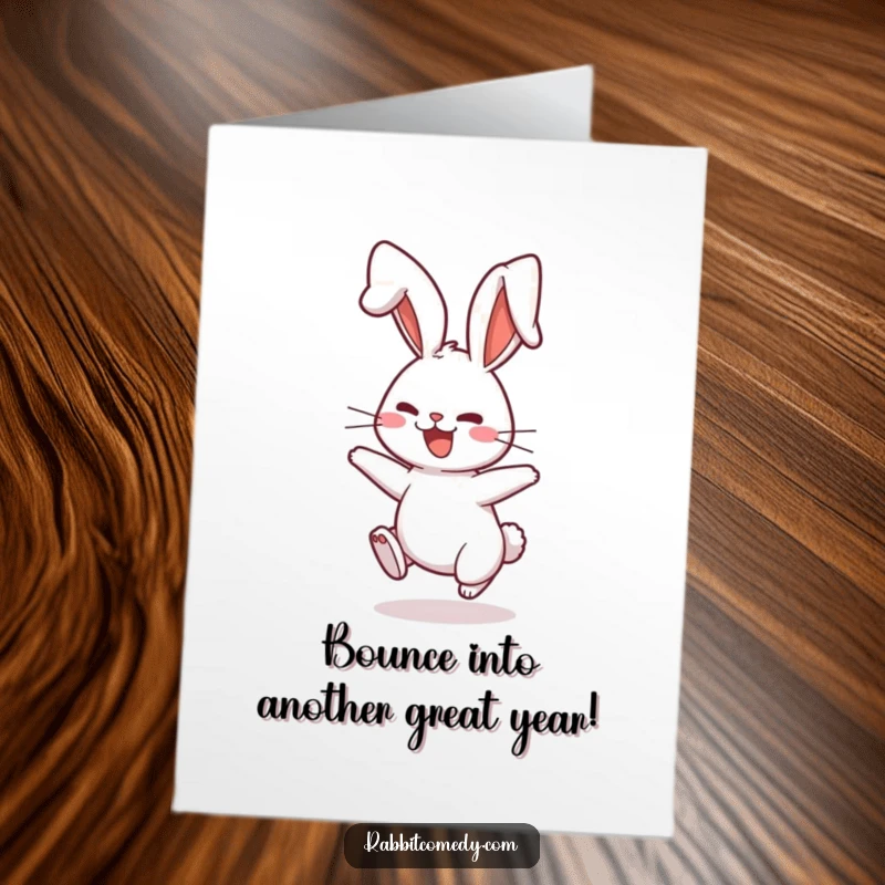 Funny free printable birthday card of a rabbit character playfully bouncing with ears flopping in a comical, delightful manner.