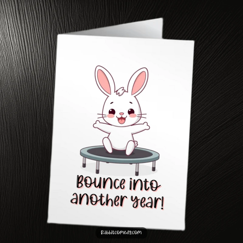 Funny Free Printable Birthday Card: A rabbit doing an excited wiggle while bouncing high on a trampoline.
