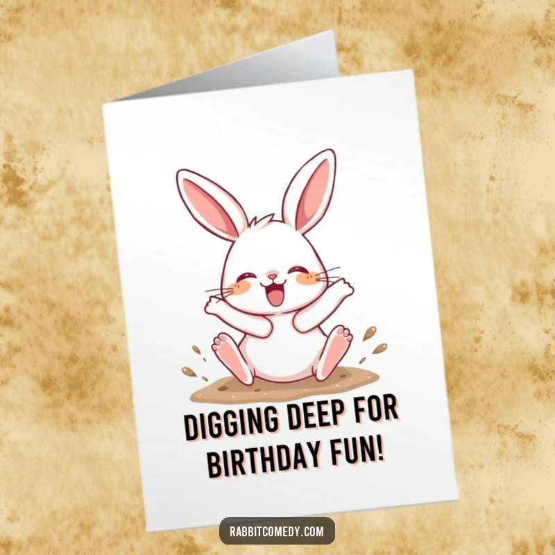 Funny free printable birthday card of a rabbit character joyfully digging with hind legs kicking up dirt and surprise.