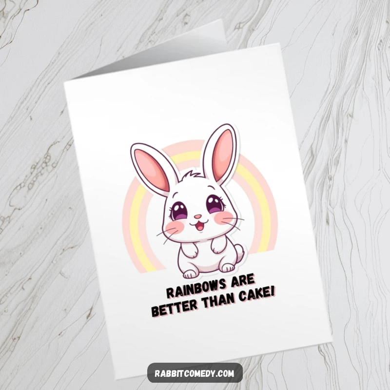 Funny Free Printable Birthday Card: Wide-eyed rabbit staring in amazement at a vibrant rainbow, perfect for a magical celebration.