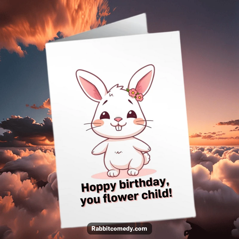 Funny Free Printable Birthday Card: Rabbit with a goofy grin wearing a tiny flower crown, joyfully twirling around.