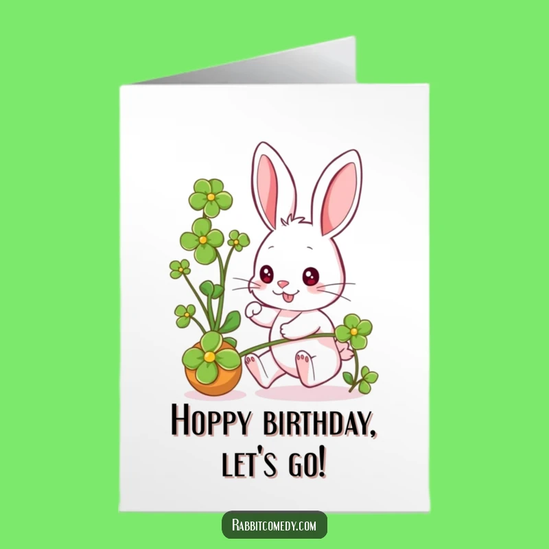 Free Printable Birthday Card: Funny Rabbit Chasing Clover downloadable gift!