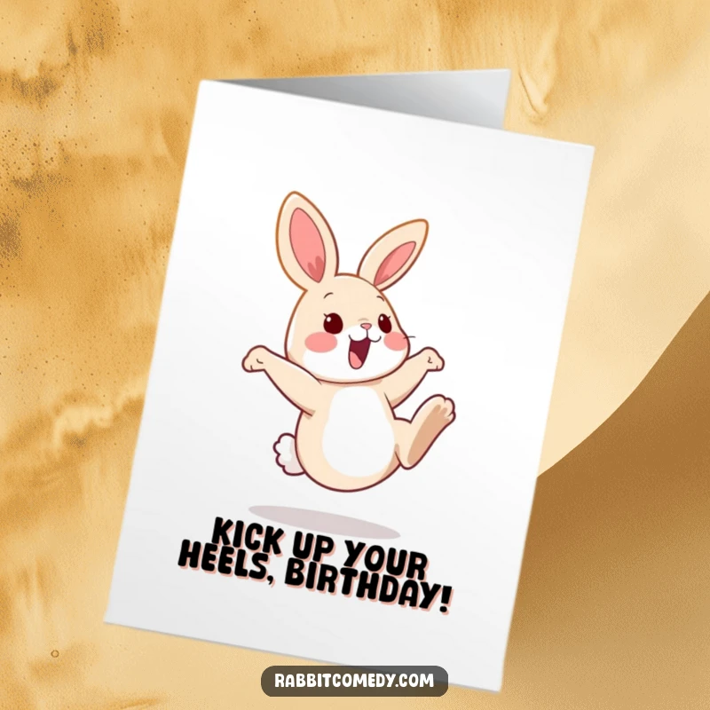 Funny Free Printable Birthday Card: A rabbit playfully kicks hind legs in the air with glee. Hilarious downloadable greeting.