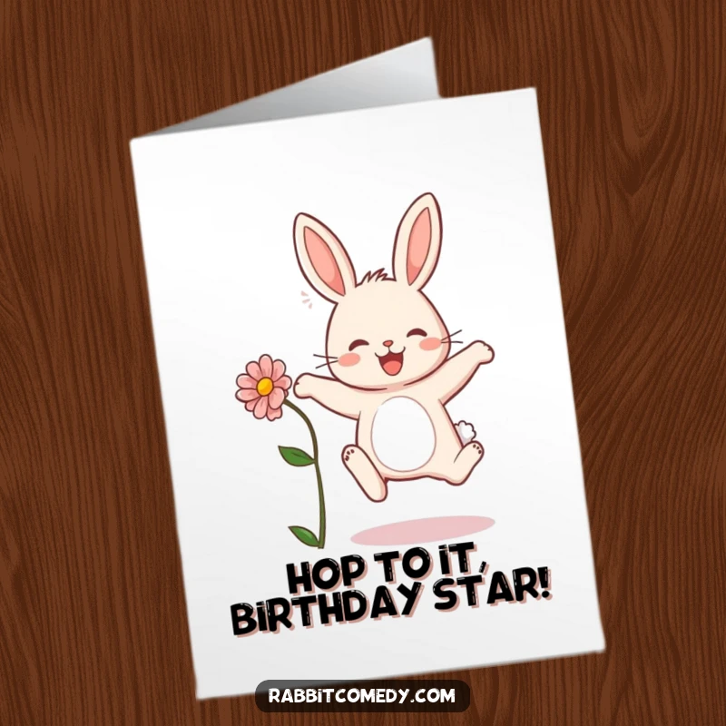 Funny Free Printable Birthday Card: A happy rabbit mid-air, leaping joyfully with a flower in its paw.