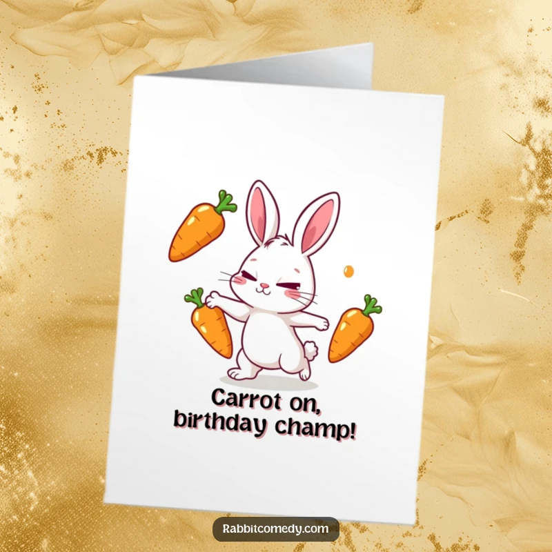 Funny free printable birthday card: a determined rabbit character playfully juggling three shiny carrots with a focused squint.