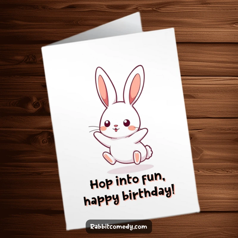 Funny Free Printable Birthday Card: Cute kawaii rabbit with long ears perked, joyfully boinging high in the air.