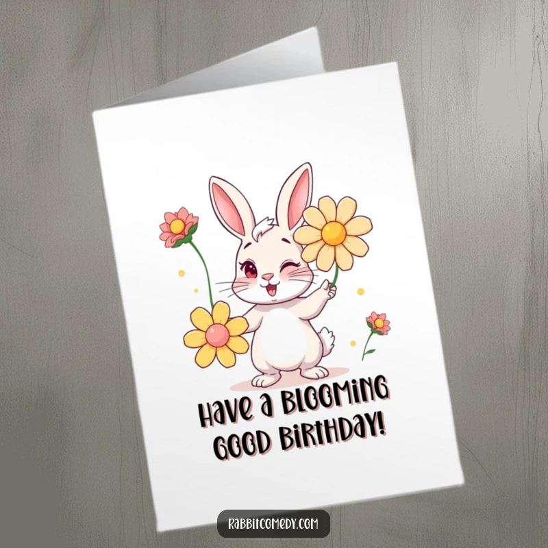 Funny Free Printable Birthday Card: Mischievous rabbit winks while expertly juggling large, colorful flowers with a sly grin.