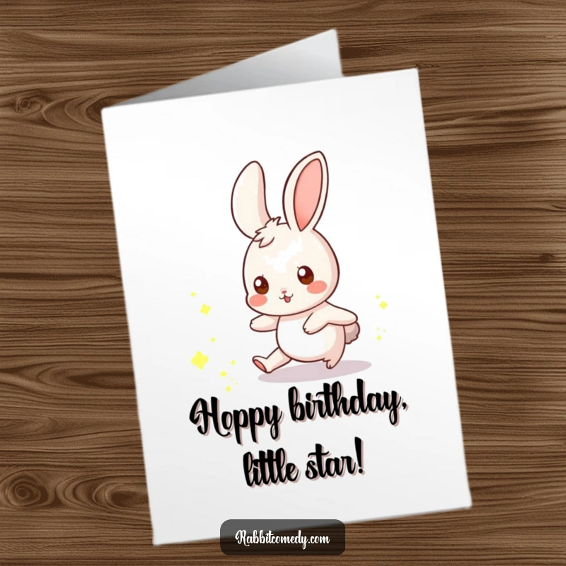 Funny Free Printable Birthday Card: A whimsical rabbit playfully leaping after scattering, glowing dust motes in the air.