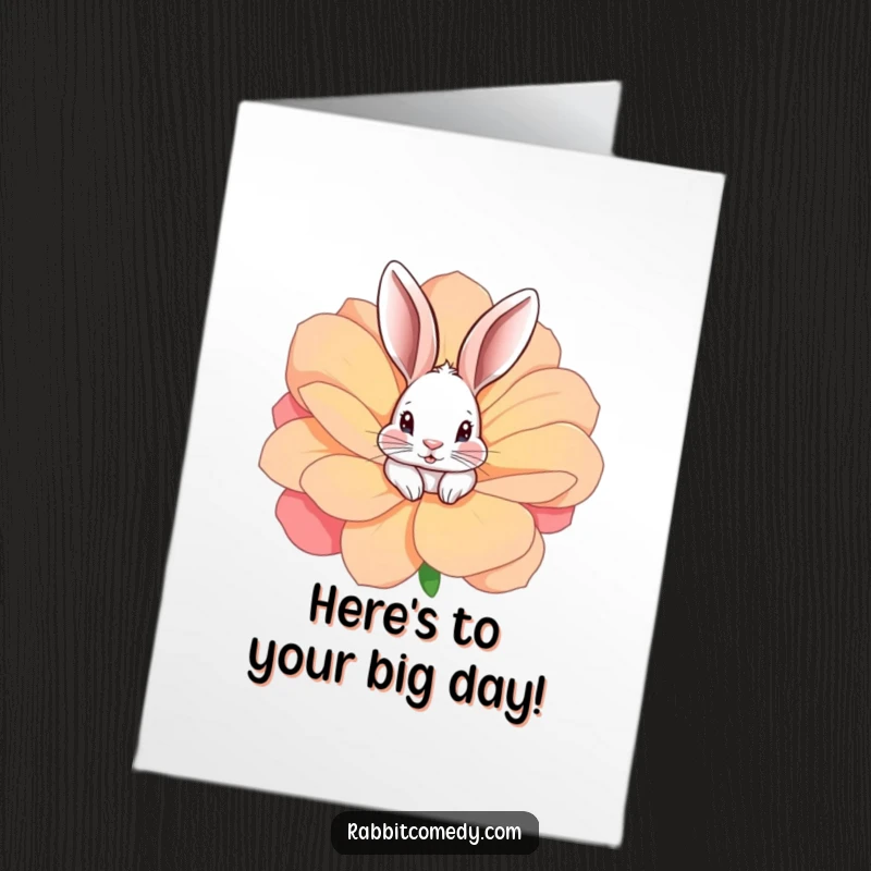 Funny free printable birthday card featuring a rabbit peeking cheekily from a huge, vibrant flower, adding a touch of playful charm.