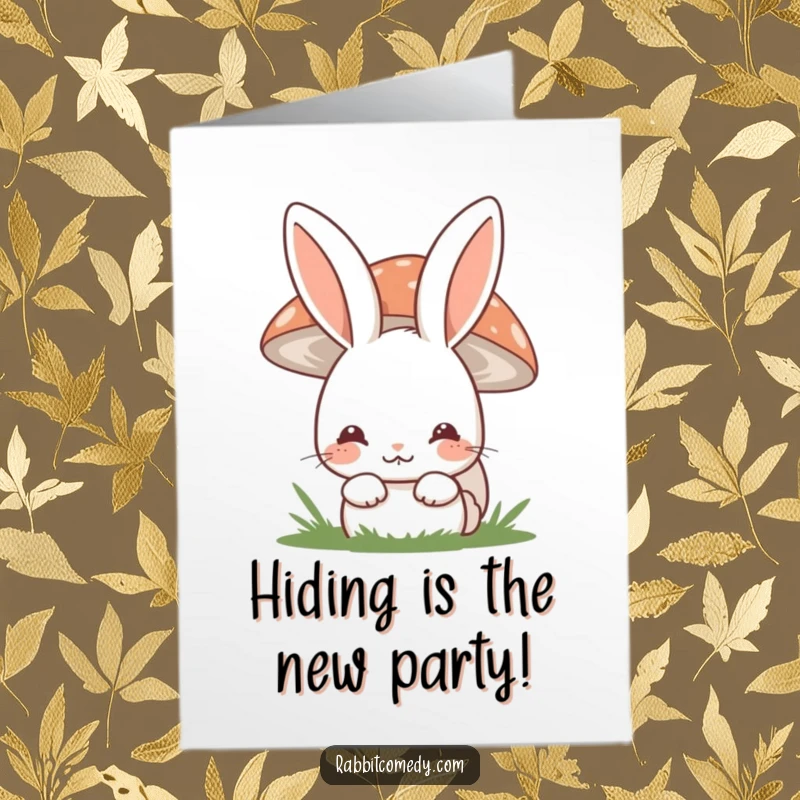 Funny Free Printable Birthday Card: A shy rabbit with a sweet smile peeking out from behind a large mushroom.