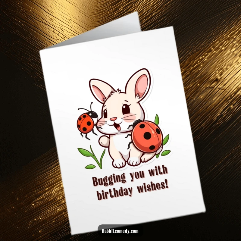 Funny Free Printable Birthday Card: A wide-eyed rabbit looks surprised as a ladybug gently nudges its nose, a delightful DIY gift.