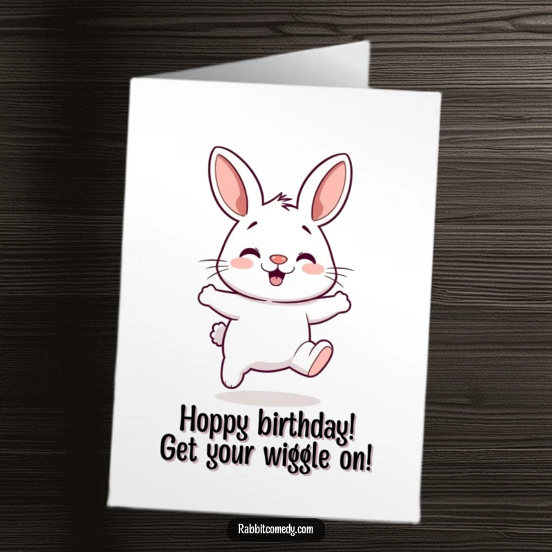 Funny Free Printable Birthday Card: Rabbit with a twitching nose doing a silly, energetic hop, radiating birthday excitement. A hilarious downloadable greeting.
