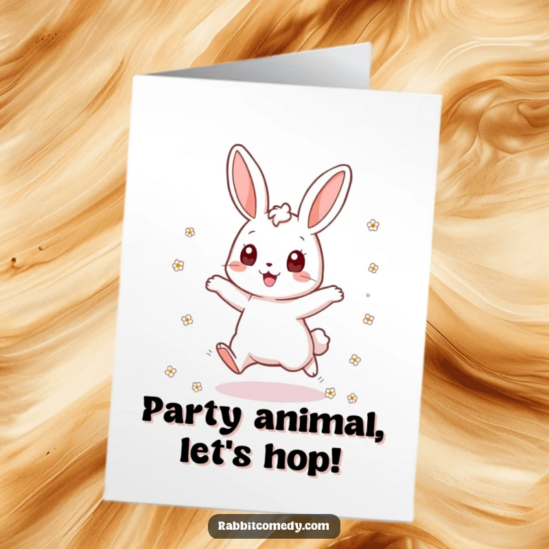 Funny Free Printable Birthday Card: A rabbit character ecstatically jumps up and down, scattering tiny colorful flowers everywhere.