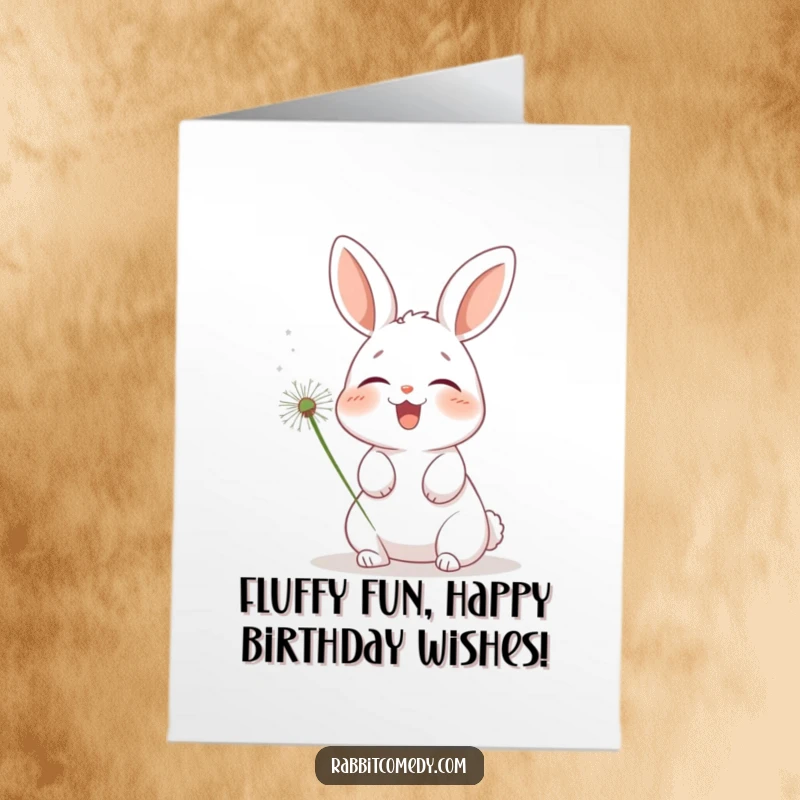 Funny Free Printable Birthday Card: A fluffy rabbit cracks up as a dandelion puff tickles its nose, pure joy.