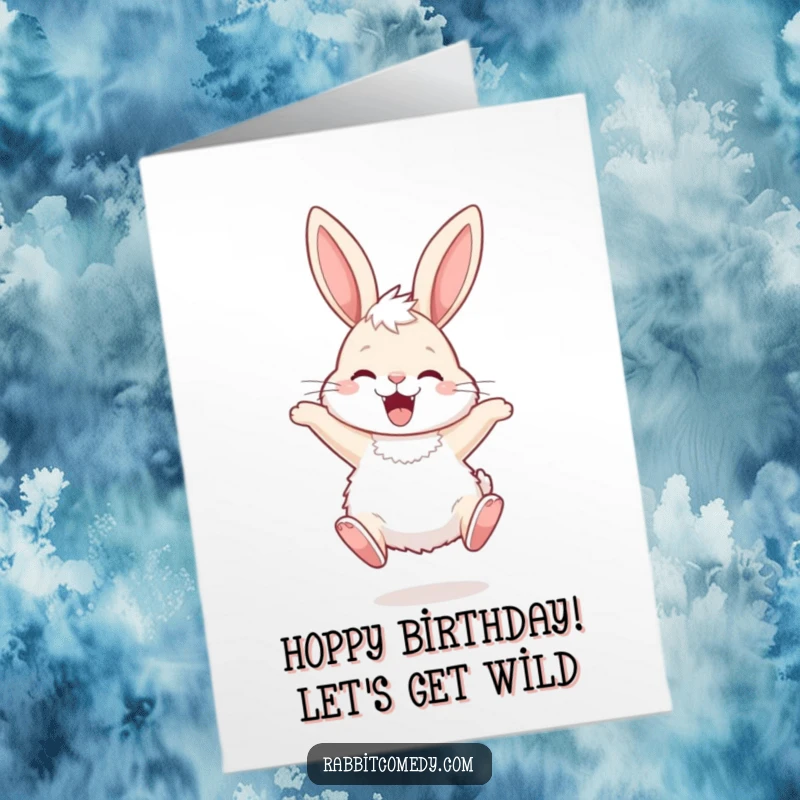 Funny free printable birthday card of a fluffy rabbit with long ears hopping ecstatically, spreading birthday cheer.