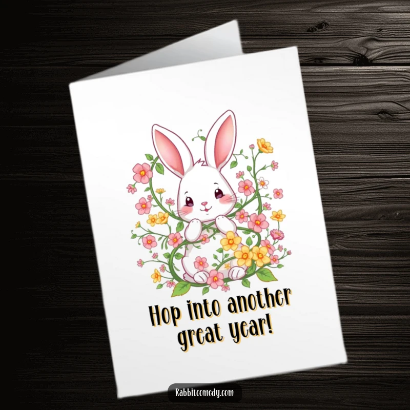 Funny Free Printable Birthday Card: A cute rabbit is playfully tangled in a whimsical vine of colorful flowers, a sweet DIY gift.