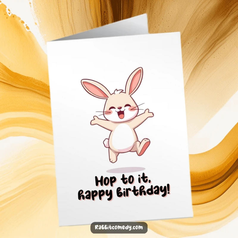Funny free printable birthday card: a cute rabbit character joyfully hopping with huge, exaggerated, energetic leaps.