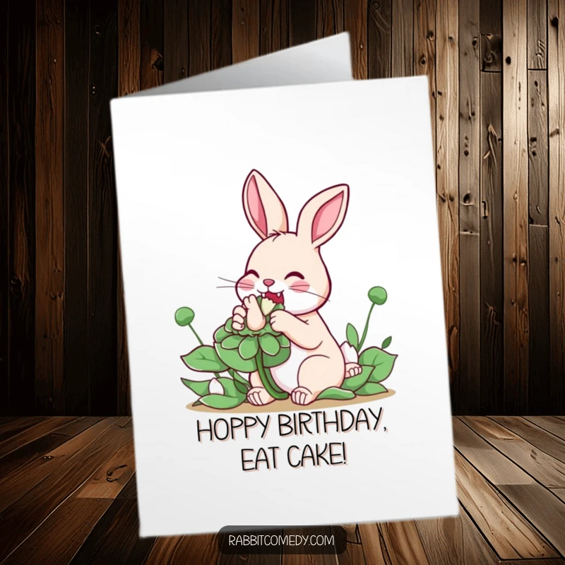 Funny Free Printable Birthday Card: A rabbit happily munches a giant clover, symbolizing luck and birthday wishes. Adorable.