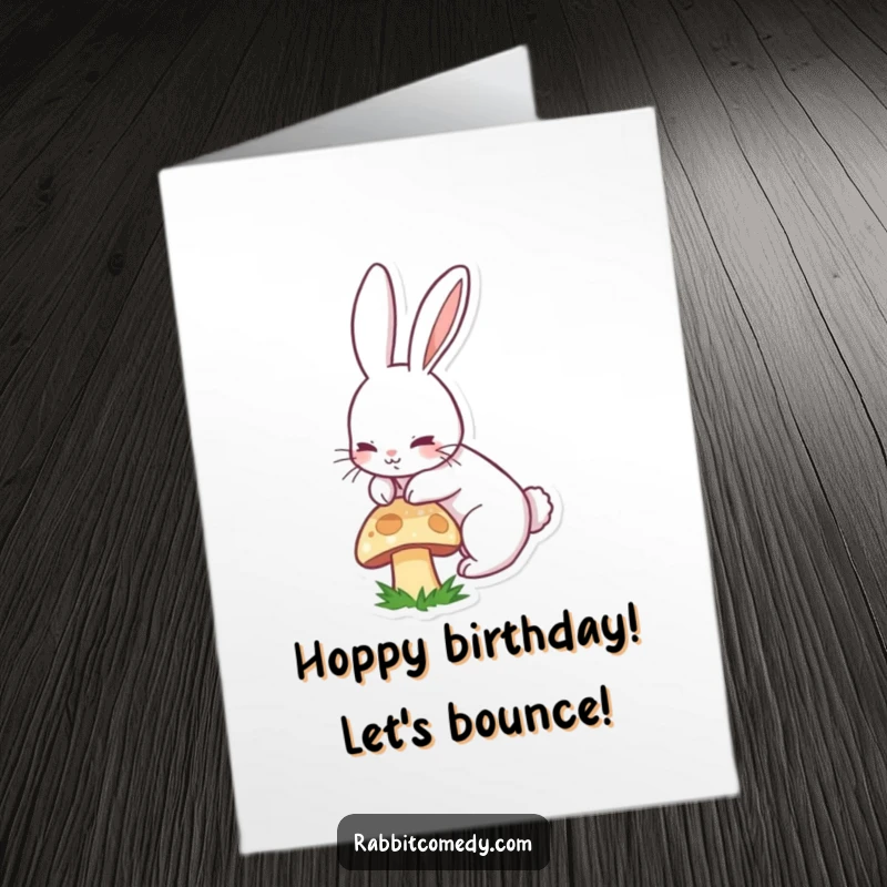 Funny Free Printable Birthday Card: Long-eared rabbit boinging joyfully over a mushroom, spreading birthday cheer. A hilarious downloadable greeting.
