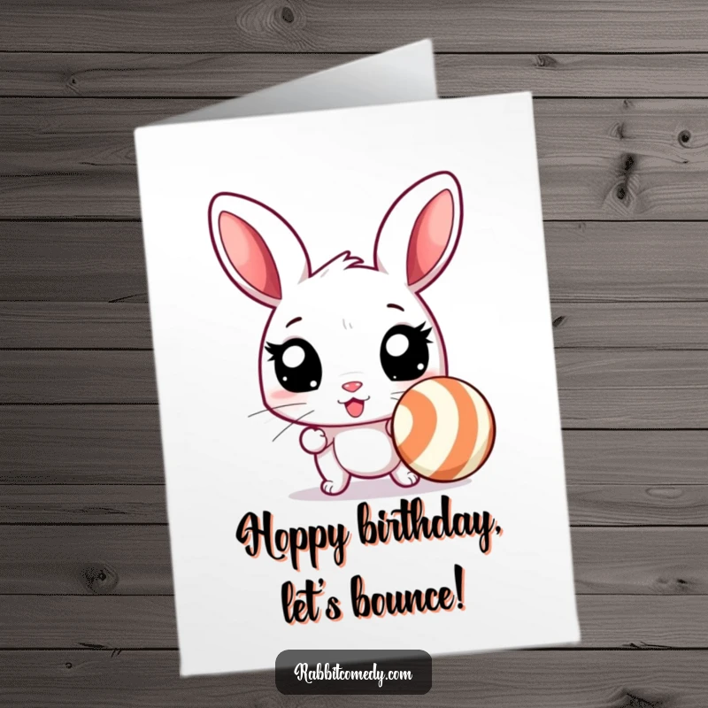 Funny Free Printable Birthday Card: Rabbit with wide, excited eyes poised to chase a bouncing striped ball, full of playful energy.