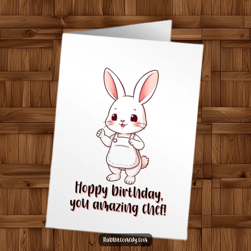 Funny Free Printable Birthday Card: Cute rabbit in a tiny apron, striking a helpful pose, ready to celebrate your birthday. A sweet downloadable greeting.