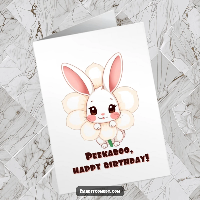 Funny Free Printable Birthday Card: A shy rabbit peeks from behind a giant flower, offering birthday wishes sweetly.