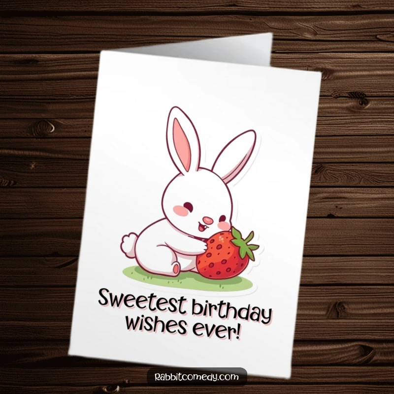Funny Free Printable Birthday Card: A rabbit with a wiggly nose joyfully finds a delicious hidden strawberry.