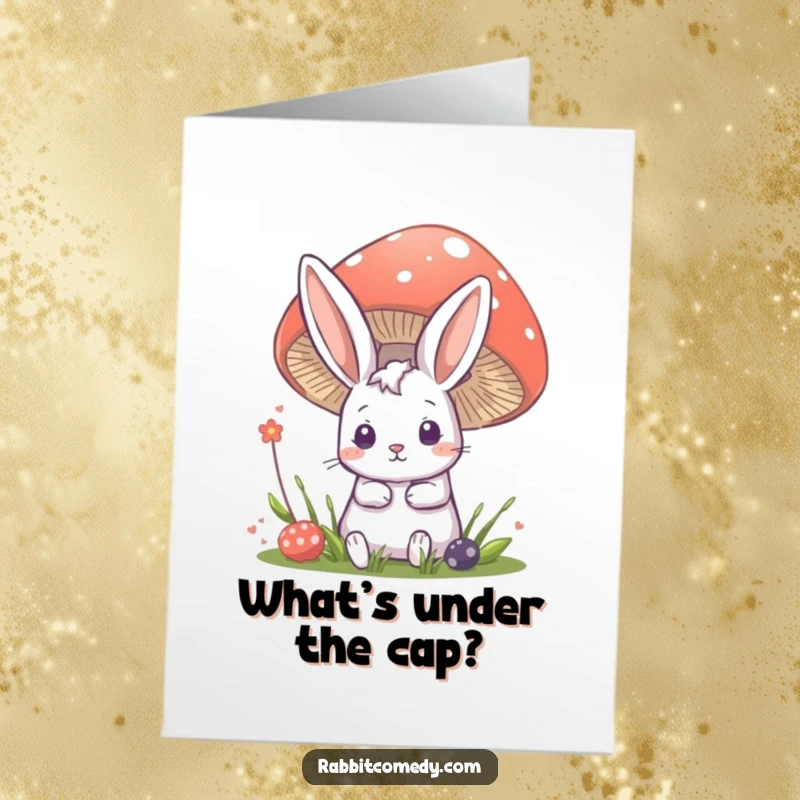 Funny Free Printable Birthday Card: Rabbit character curiously peeking from behind a large mushroom, perfect downloadable gift.