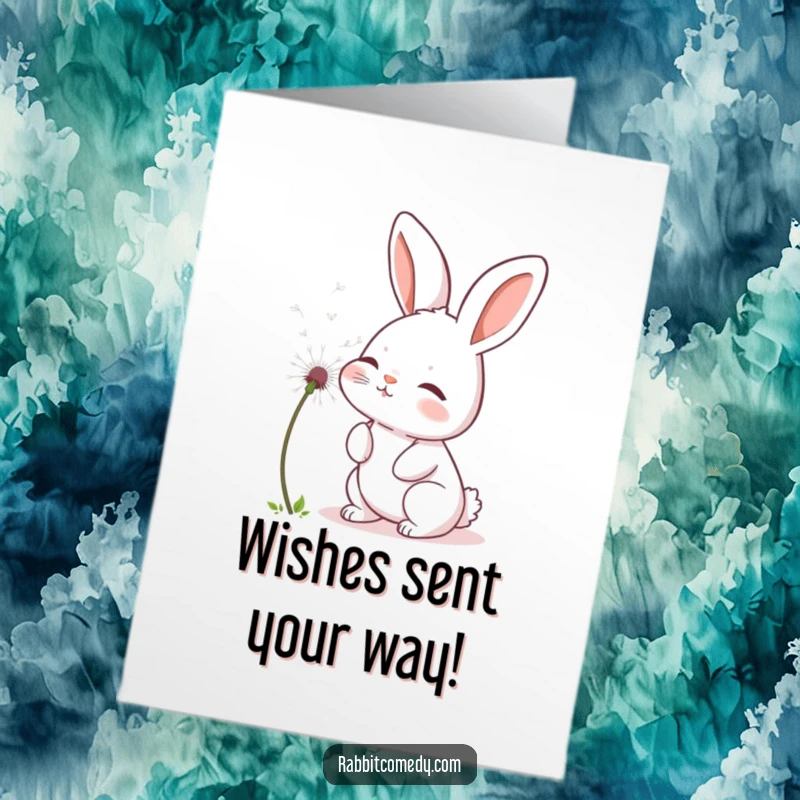 Funny Free Printable Birthday Card: Rabbit character gently blowing a fluffy dandelion seed, charming downloadable gift.
