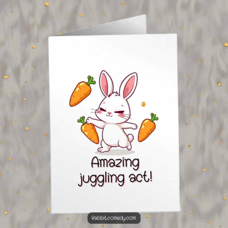 Free printable congratulations card featuring a rabbit character skillfully juggling three shiny carrots with a determined, focused squint.