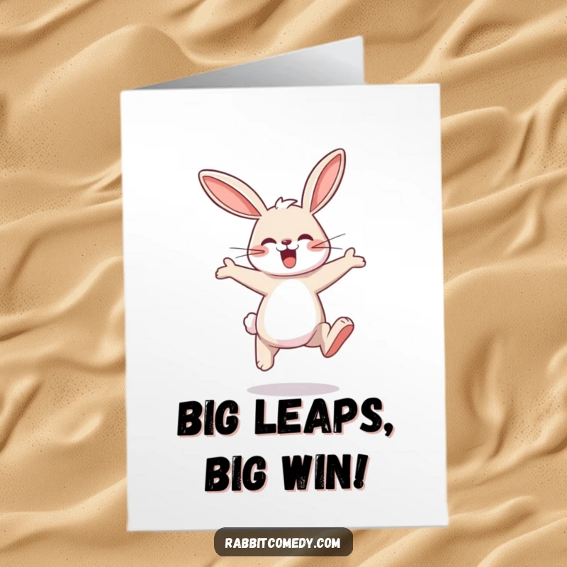 Free printable congratulations card featuring a happy rabbit character making big, exaggerated, joyful hopping leaps.
