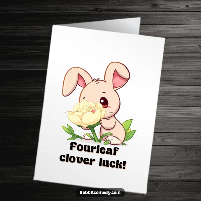 Free Printable Congratulations Card: A rabbit character curiously sniffing a giant, dew-kissed clover with wide eyes, symbolizing good fortune.