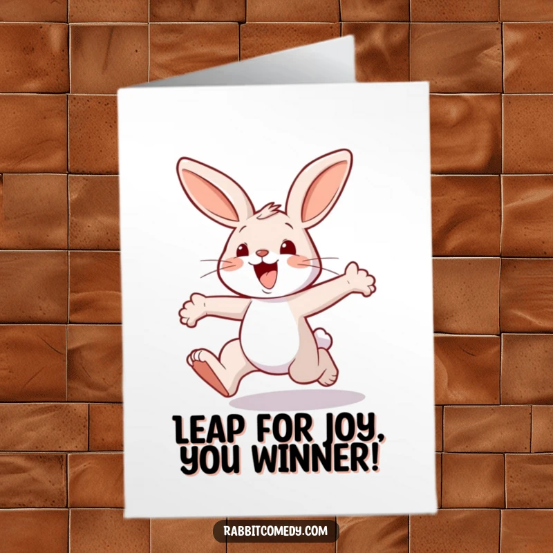 Funny Free Printable congratulations card showing a happy rabbit character mid-air, performing big, exaggerated joyful leaps.