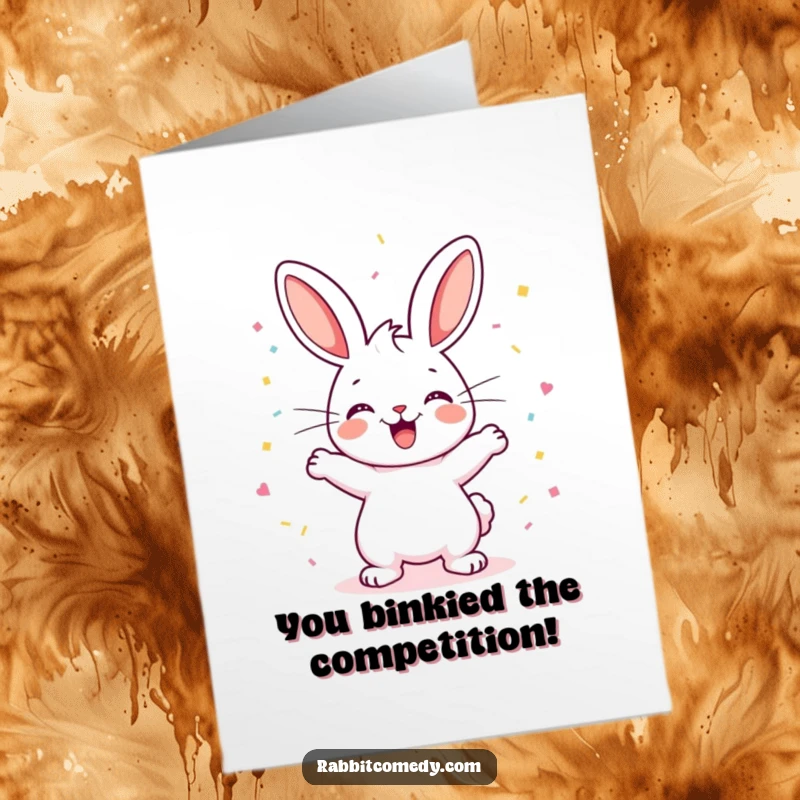 Funny Free Printable Congrats Card: A happy rabbit character binkies with excitement, showering confetti, celebrating achievements with joy.