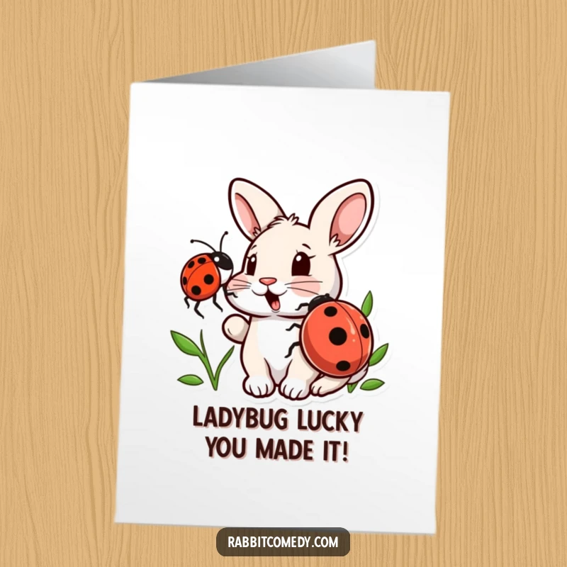 Funny Free Printable Congratulations Card: A surprised rabbit receives a gentle nudge from a ladybug, celebrating success with a DIY gift.