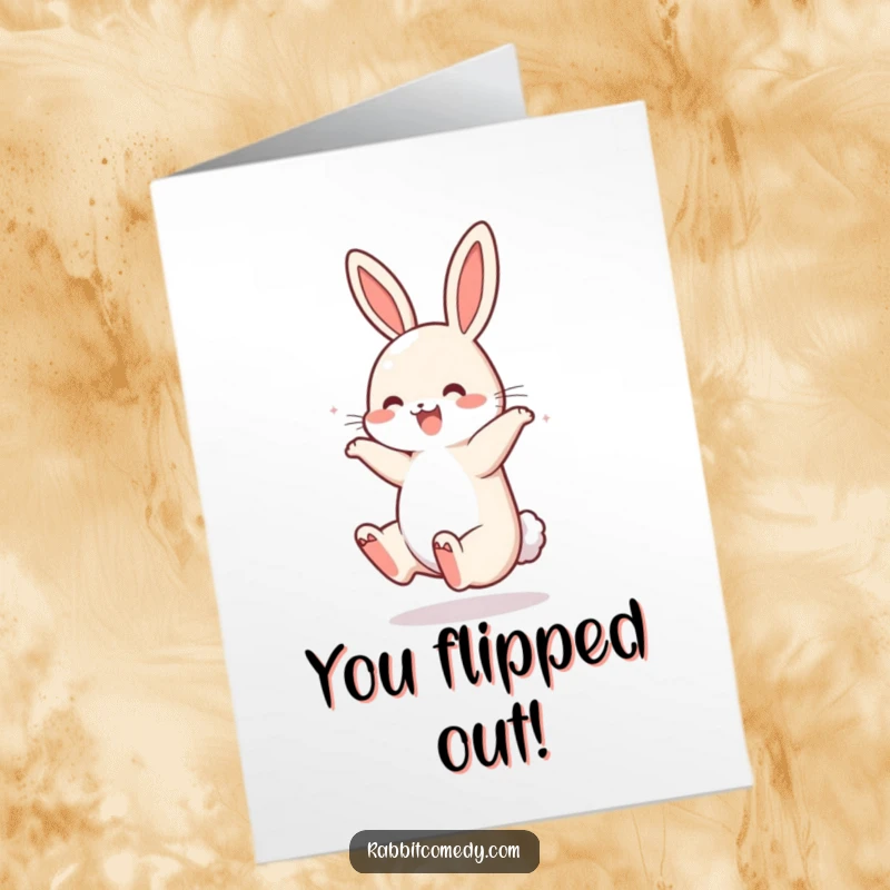 Funny Free Printable Congratulations Card: A rabbit does a happy somersault, tail bouncing with celebration. Energetic success.