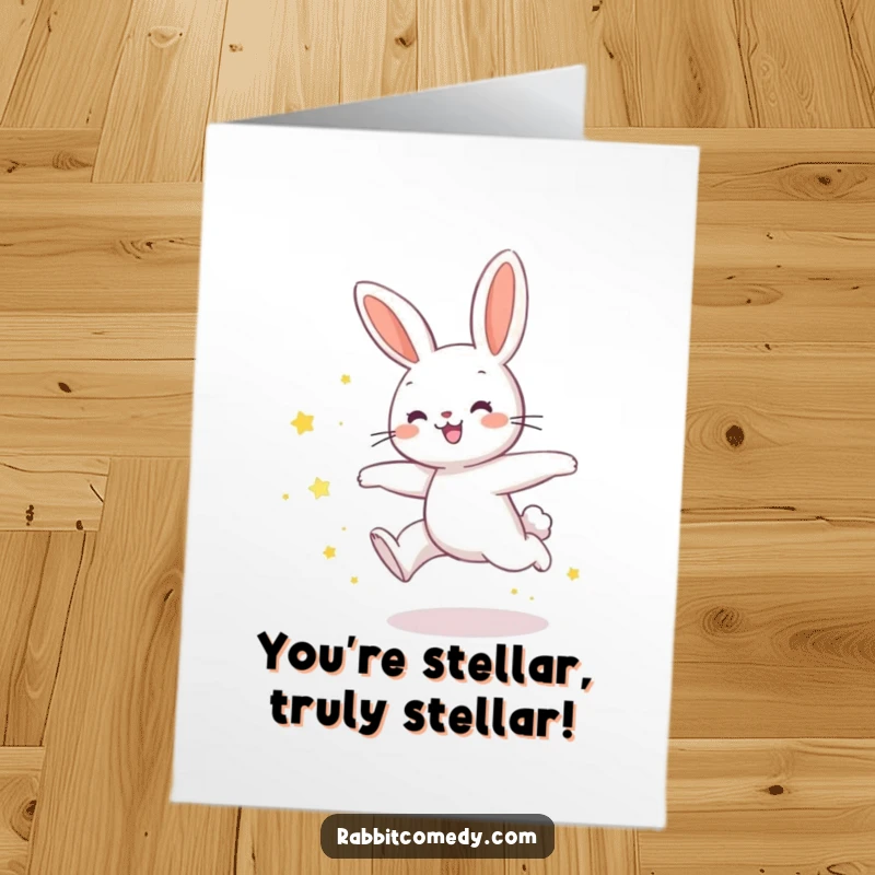 Funny Free Printable Congratulations Card: Rabbit making a joyful leap, trailing shimmering star dust, signifying a brilliant achievement.