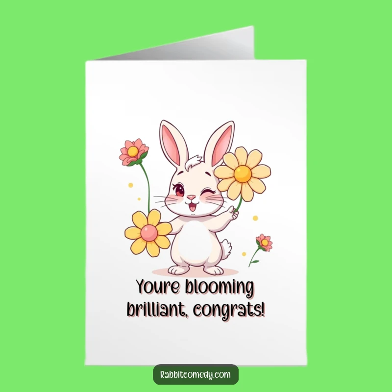 Free Printable Congrats Card: Winking Rabbit Flower Juggling Funny Gift
