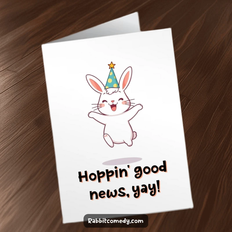 Funny free printable congratulations card showing a rabbit wearing a party hat and jumping excitedly, celebrating their wonderful achievement.