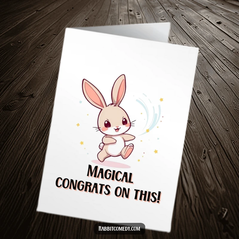 Funny Free Printable Congratulations Card: A rabbit joyfully pursuing a swirling vortex of shimmering magical dust.