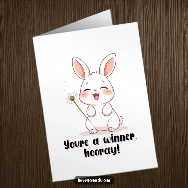 Funny Free Printable Congratulations Card: A happy rabbit giggles uncontrollably while a dandelion puff tickles its nose.