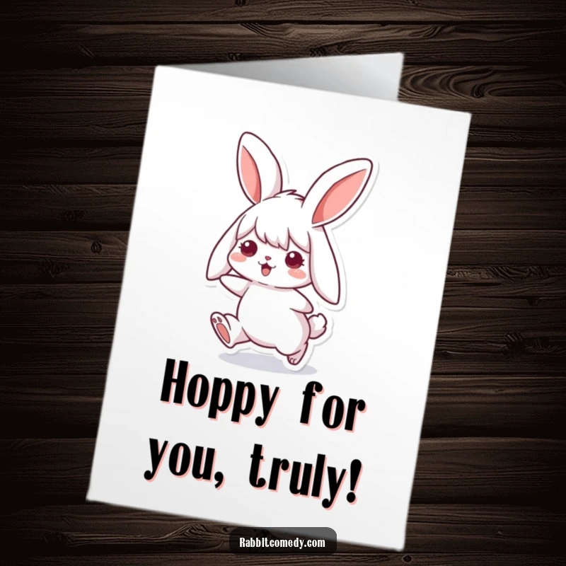 Funny Free Printable Congratulations Card: A cheerful rabbit character with wonderfully long, floppy ears captured mid-hop with pure delight.