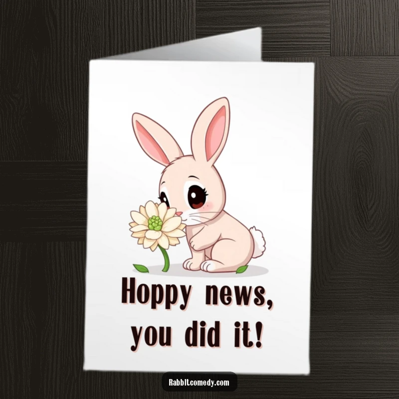 Funny Free Printable Congratulations Card: Adorable rabbit sniffing a giant clover, celebrating success with a DIY touch.