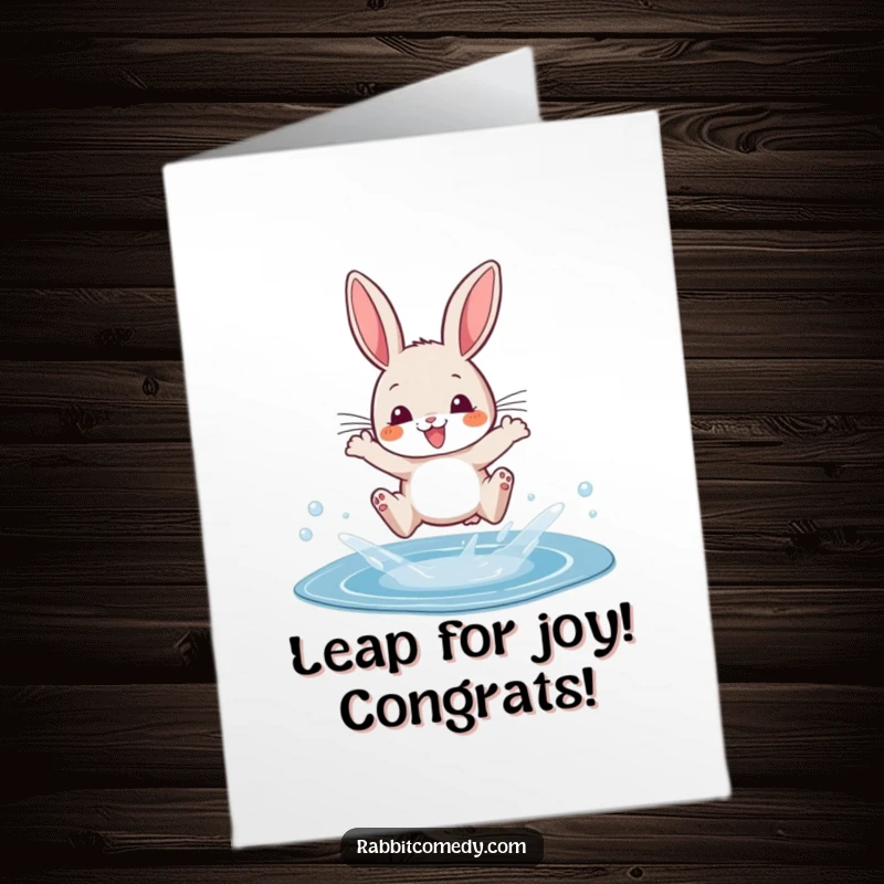Funny Free Printable Congratulations Card with a rabbit joyfully leaping over a puddle, celebrating success.